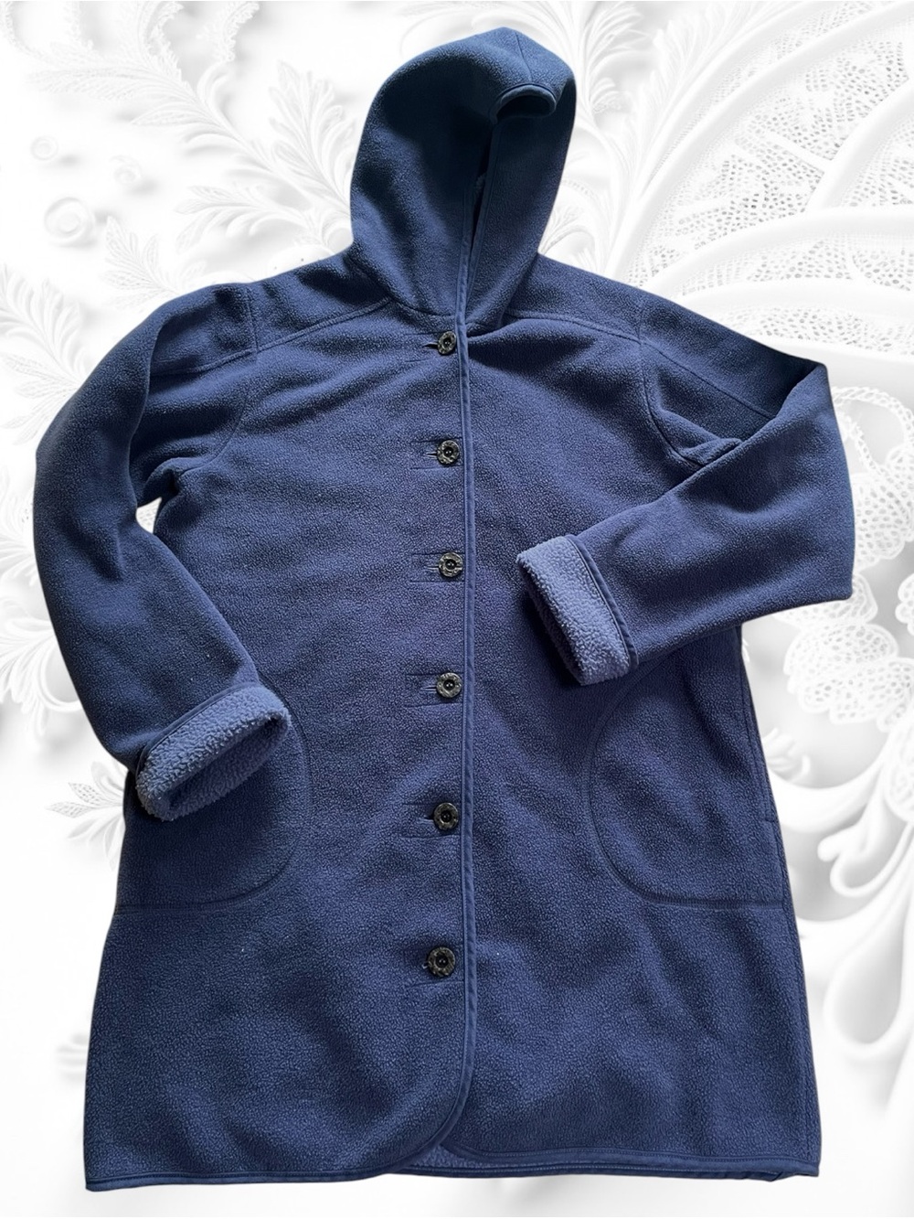 LL Bean Hooded Fleece Coat Women’s Medium Made In USA Blue Pockets Warm Jacket